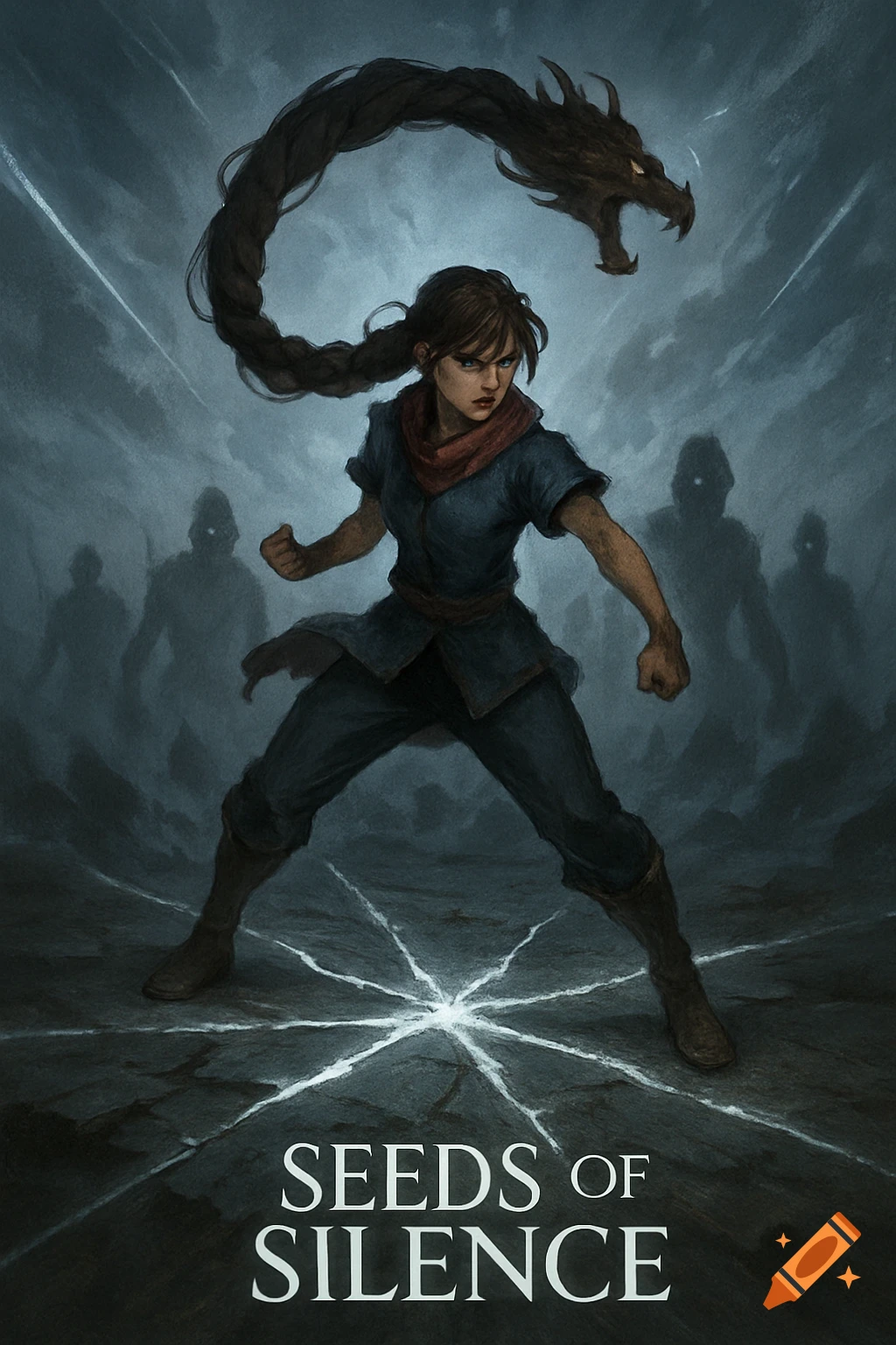 A young woman in a dynamic battle pose, with a long dragon-headed braid, stands on star-cracked ground, surrounded by shadowy figures in a dark, stormy sky. Text reads "SEEDS OF SILENCE".