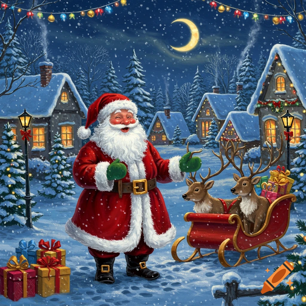 A smiling Santa Claus stands in a snowy village at night, next to a red sleigh with two reindeer and gifts, under a crescent moon and festive lights.