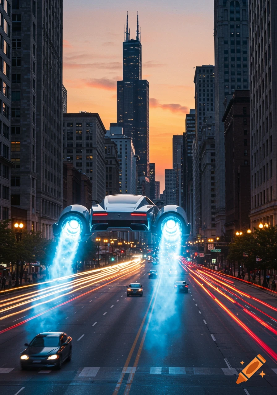 A futuristic hovercar with blue thrusters hovers over a city street with buildings and light trails at sunset.