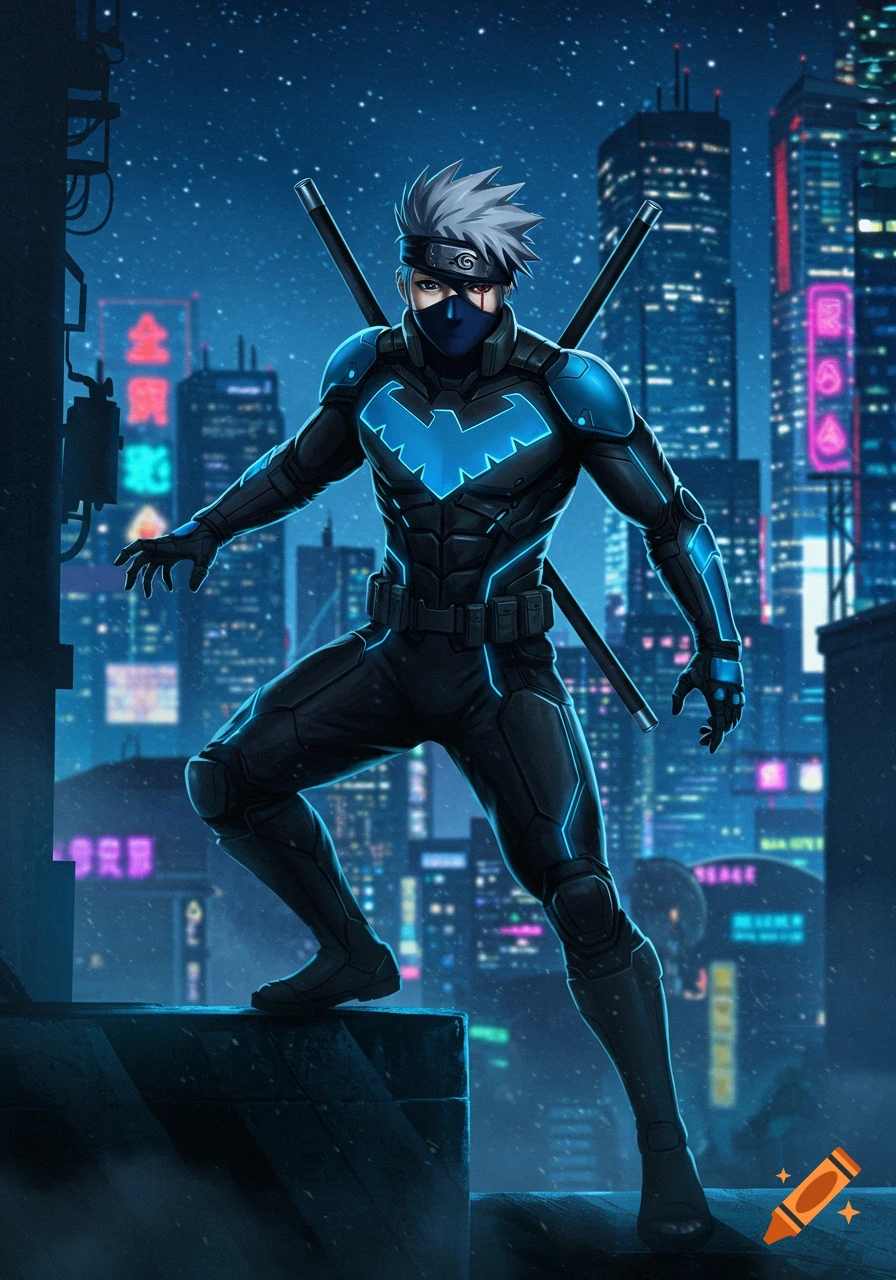 An anime-style superhero, a fusion of Nightwing and Kakashi, stands on a rooftop at night with a futuristic city background.