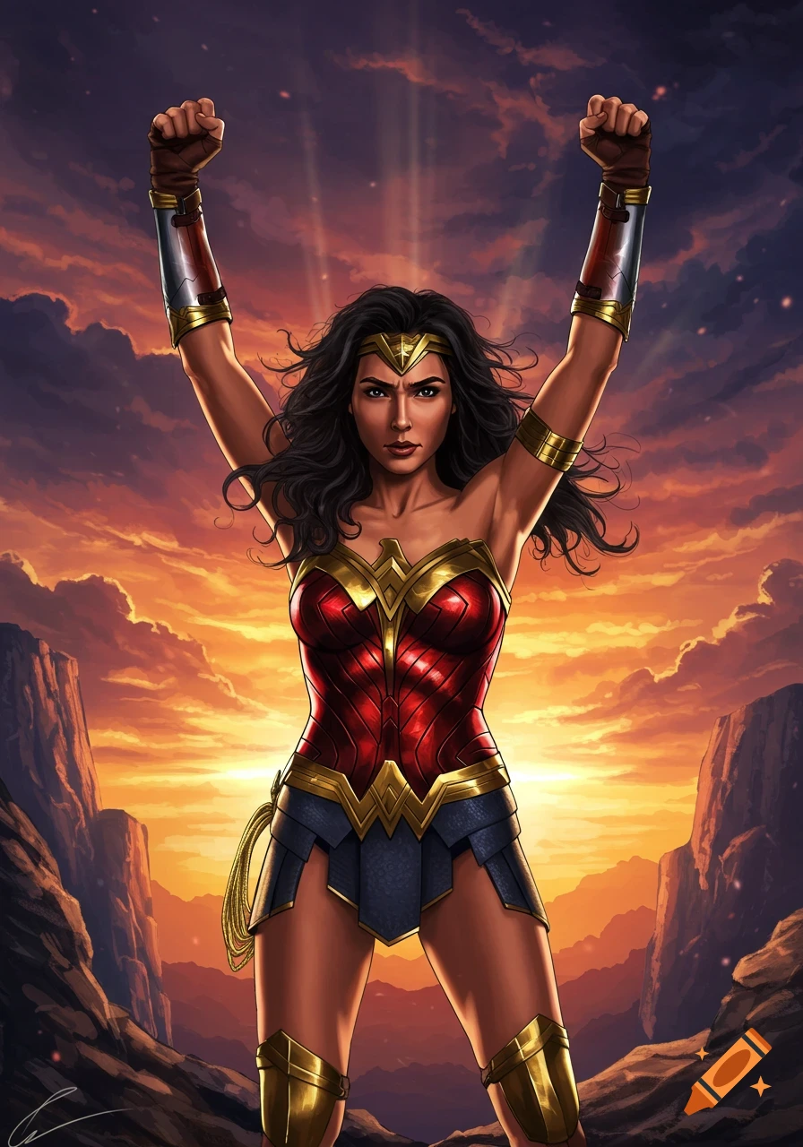Wonder Woman in her classic costume, arms raised triumphantly against a dramatic sunset sky in a comic art style.