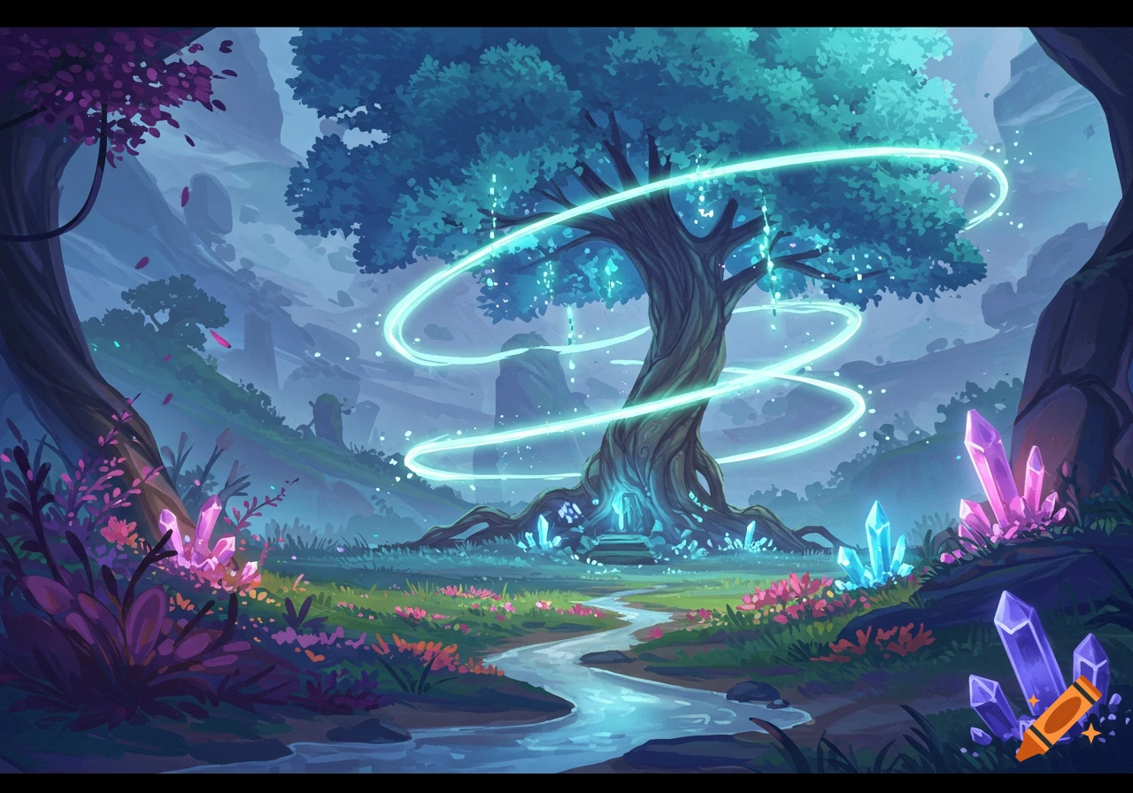 A vibrant fantasy landscape with a glowing blue tree at the center, a winding stream, and colorful crystals.