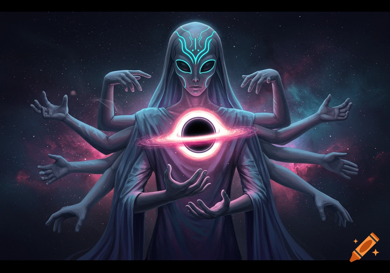 A multi-armed alien figure with a glowing mask and chest-mounted black hole, set against a cosmic background in a fantasy art style.