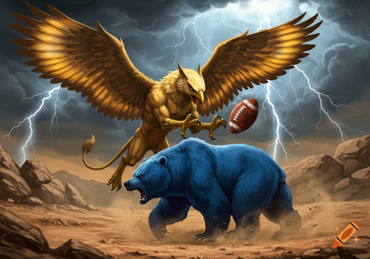 A golden griffin claws a football above a roaring blue bear in a stormy, lightning-filled fantasy landscape.