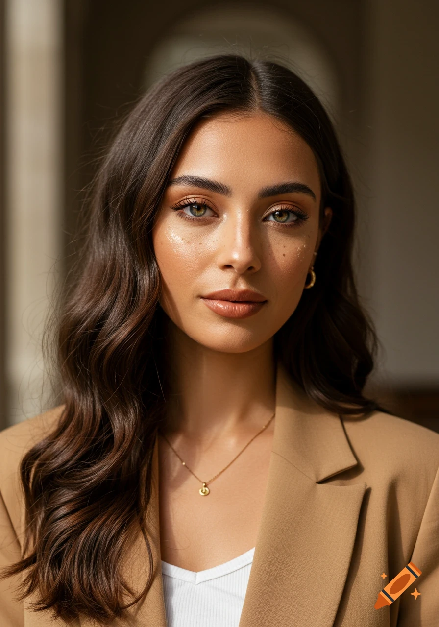Photorealistic portrait of a woman with dark wavy hair and hazel eyes, wearing a camel blazer and a gold pendant.