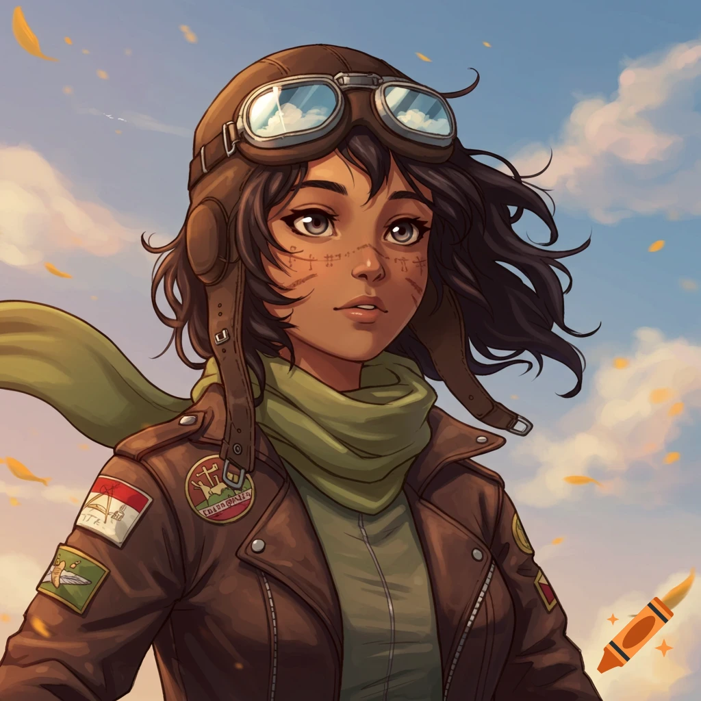 Anime portrait of a young girl with dark skin and hair, wearing an aviator cap, goggles, green scarf, and leather jacket, against a cloudy sky.