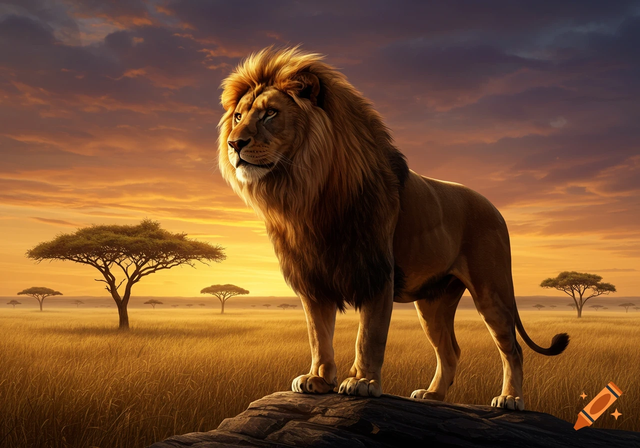 A majestic male lion stands on a rock, looking left, in a golden African savanna at sunset with acacia trees.