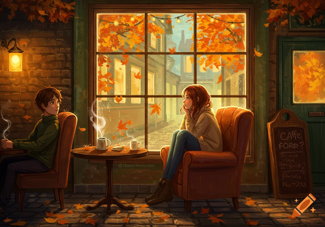 Illustrated autumn cafe scene with a man and woman drinking coffee, looking out a window at falling leaves.