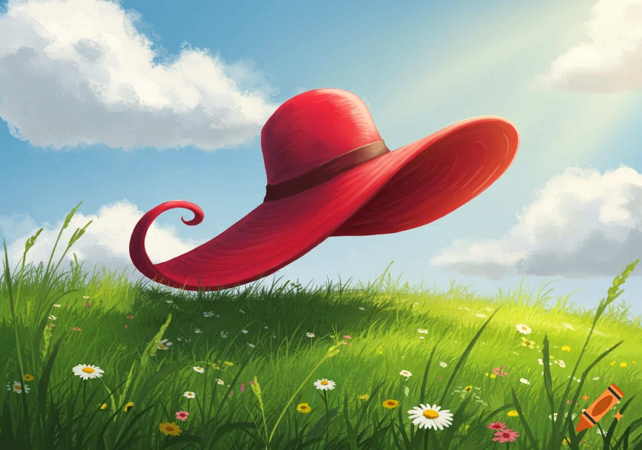 A whimsical red hat with a long, curly brim floats over a green field with wildflowers under a bright blue sky, illustrative.