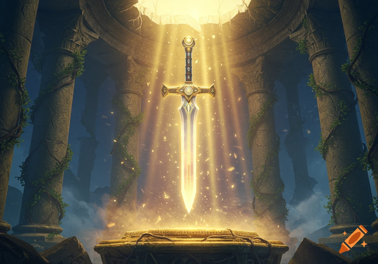A glowing, ornate sword stands upright on a stone pedestal in ancient, vine-covered ruins under radiant light.