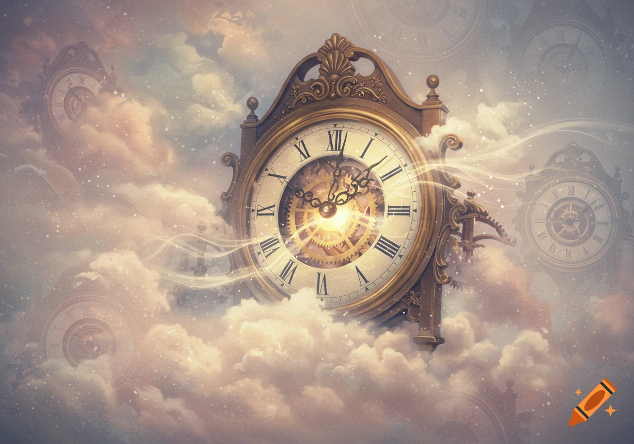Ornate golden clock with Roman numerals floats in a dreamlike sky filled with fluffy clouds and faint clocks.