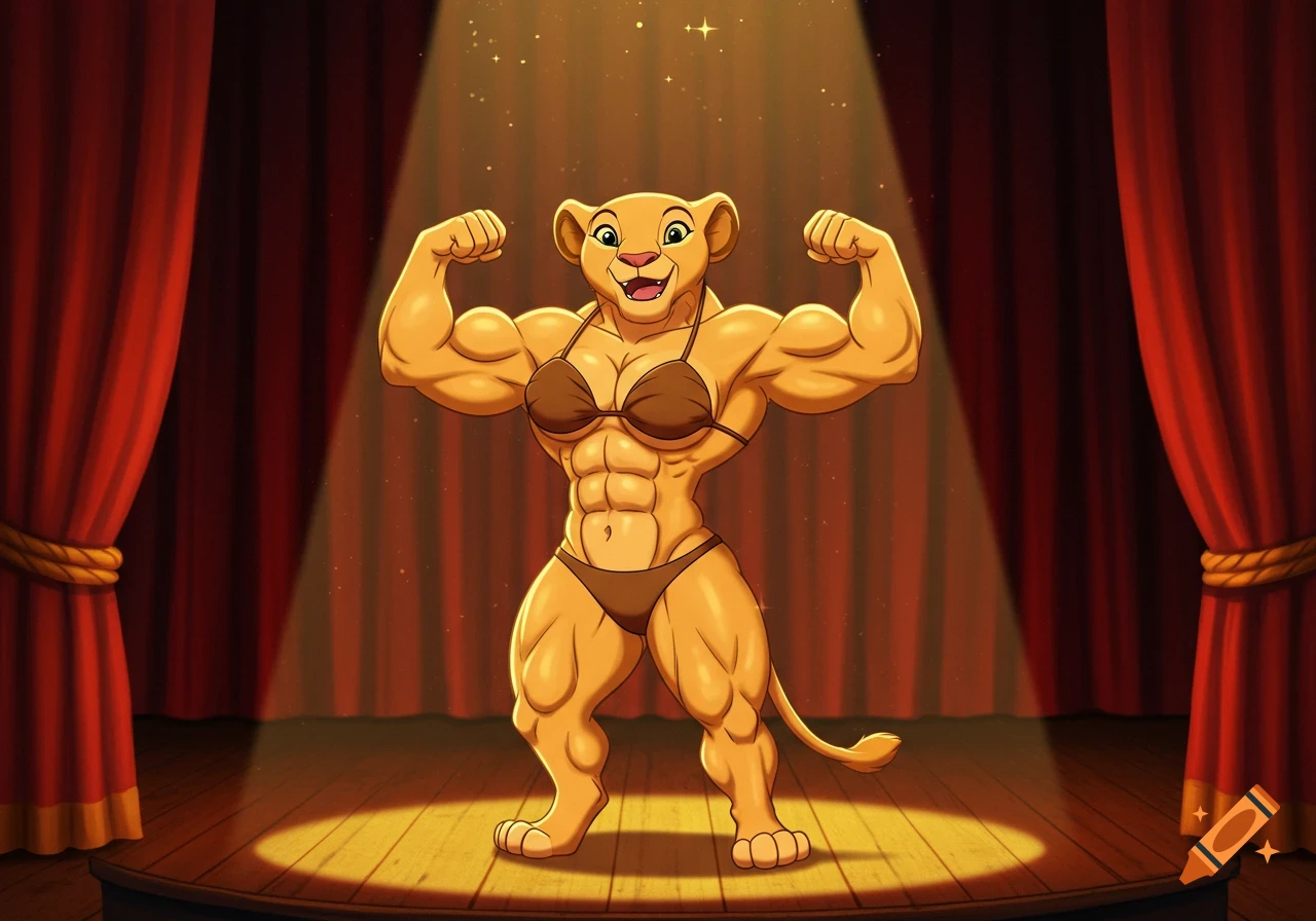 A muscular, anthropomorphic Nala from The Lion King in a bikini flexes on a stage with red curtains in a 2D cartoon style.