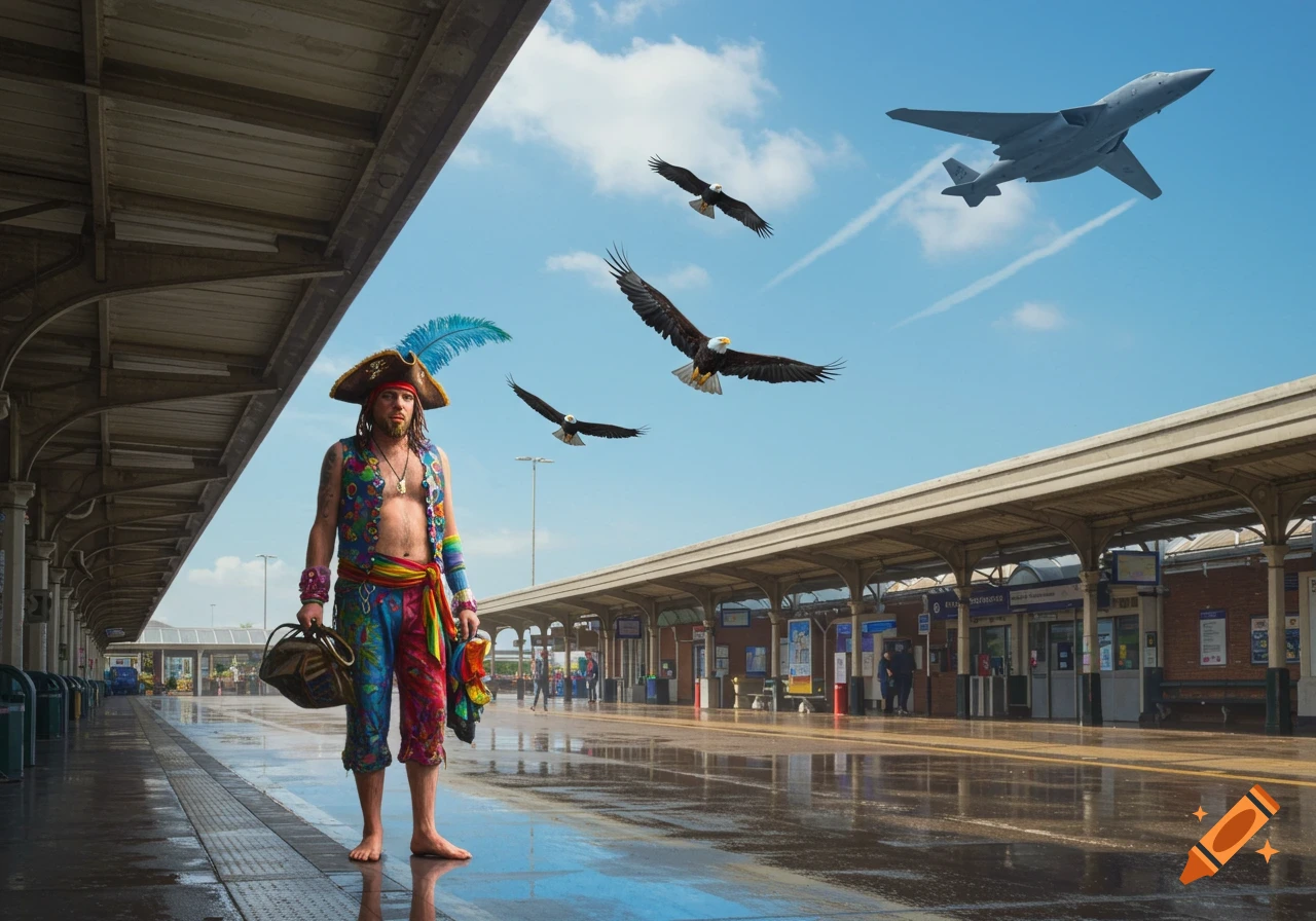 A man in colorful clothes and a pirate hat stands barefoot at a wet train station platform with eagles and a bomber plane in the sunny sky.
