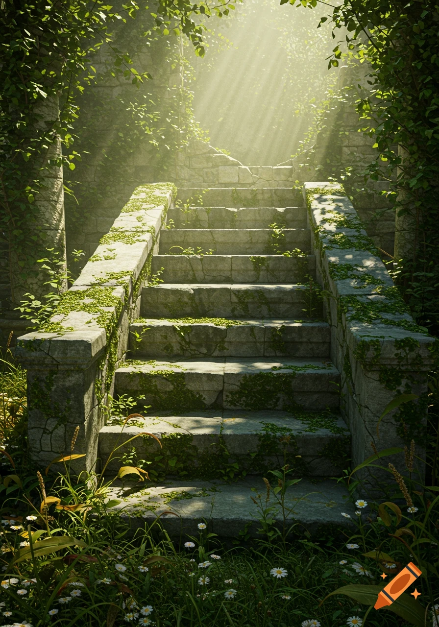 Overgrown stone stairs bathed in misty sunlight, surrounded by lush green vines, foliage, and wildflowers.