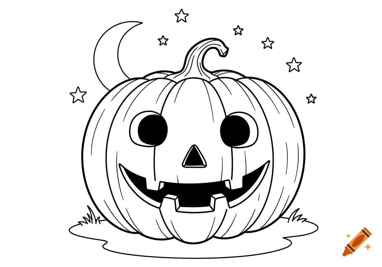 Black and white line art of a cheerful Halloween jack-o'-lantern with a wide grin, round eyes, sitting on grass under a crescent moon and stars.