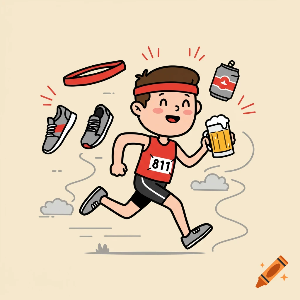 A happy cartoon runner in a red tank top with a race bib, holding a mug of beer. Running shoes, a headband, and a beer can float around him in a clipart style.