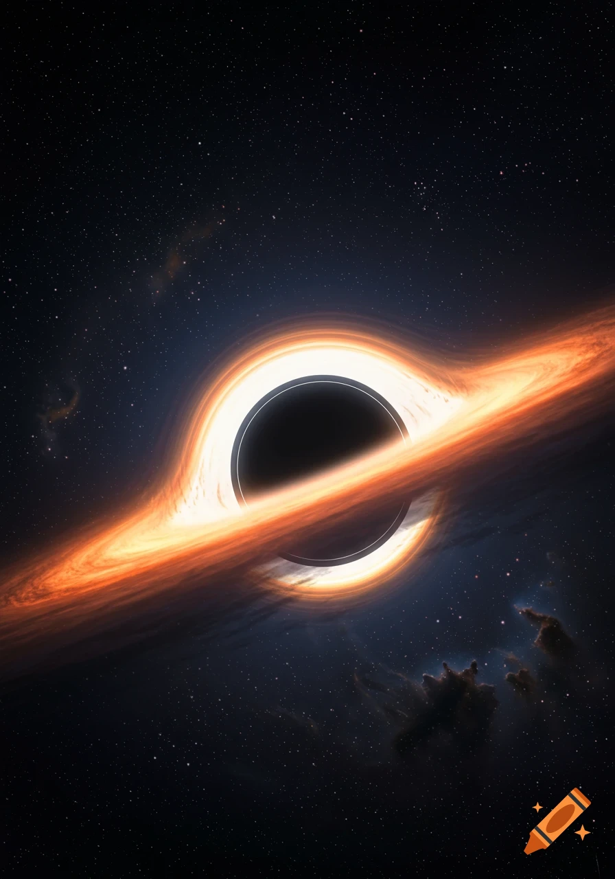A photorealistic image of a black hole with a glowing orange accretion disk against a dark, star-filled cosmic background.