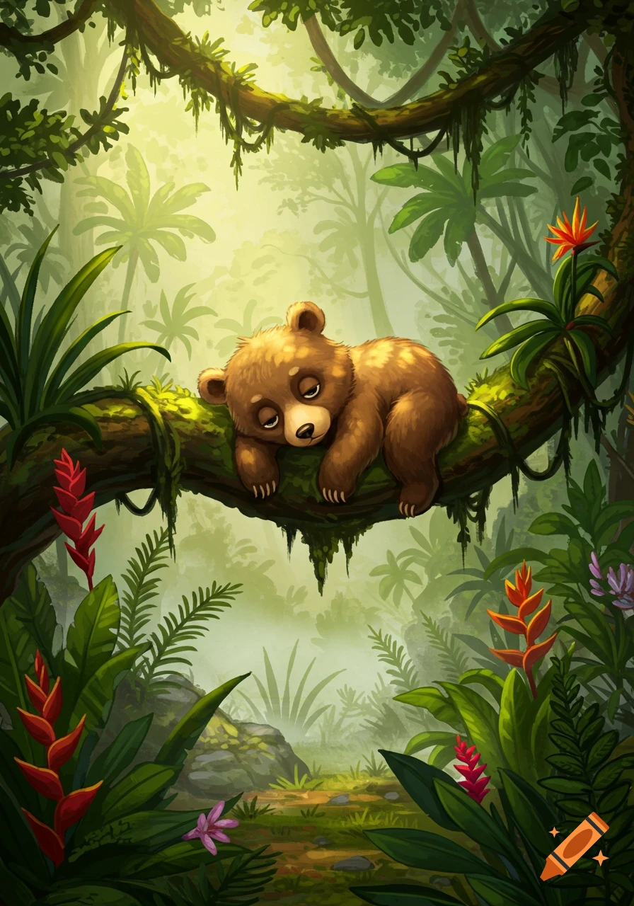 A cute, sleepy brown bear cub resting on a mossy tree branch in a vibrant, lush jungle with green foliage and exotic flowers, illuminated by soft sunlight.