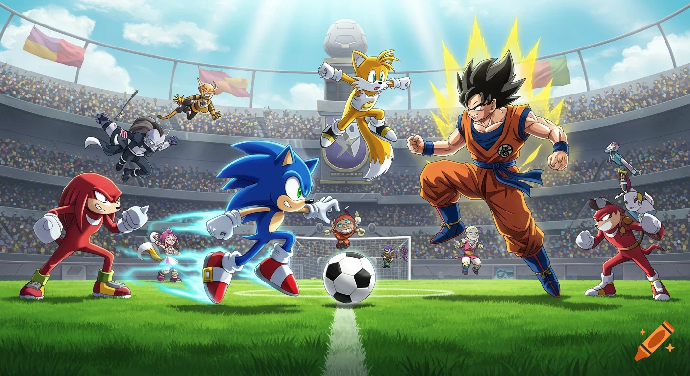 Sonic and Goku play soccer in a stadium, surrounded by other characters like Tails, Knuckles, Frieza, and Majin Buu.