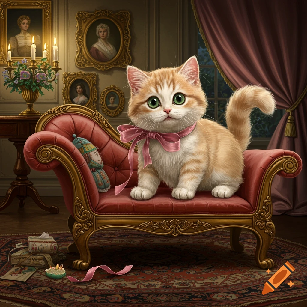 A fluffy orange and white kitten wearing a pink bow sits on a red velvet chaise lounge in a richly decorated, painterly room with portraits and candles.