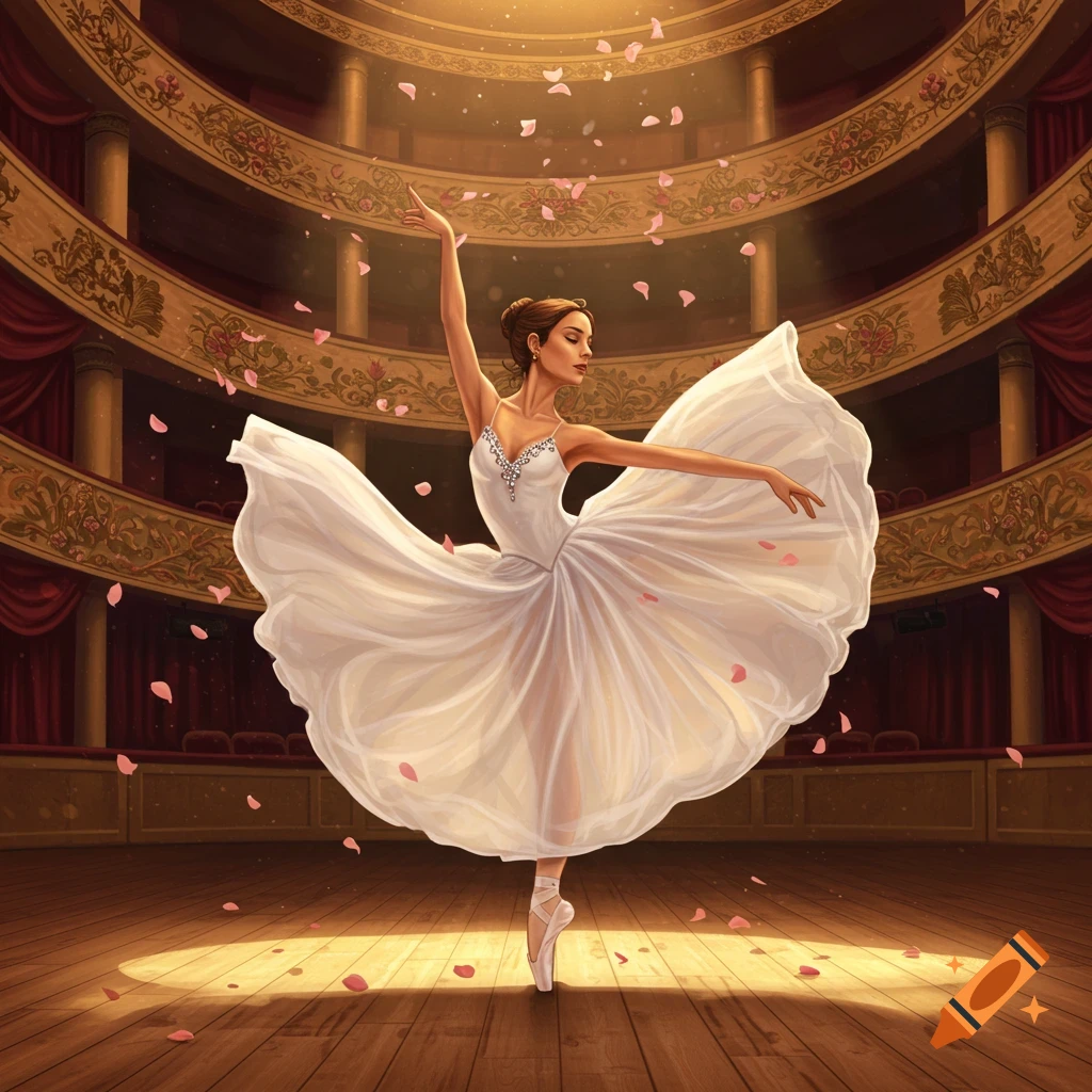 An illustrated ballerina in a white dress dances en pointe on a spotlight-lit stage with rose petals falling around her in a grand theater.