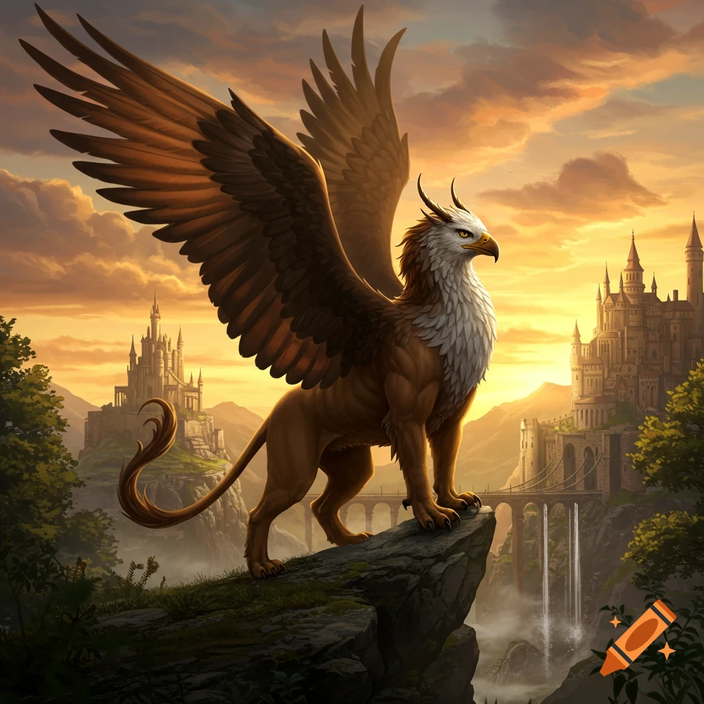 A majestic griffin stands on a cliff overlooking a fantasy castle valley at sunset.