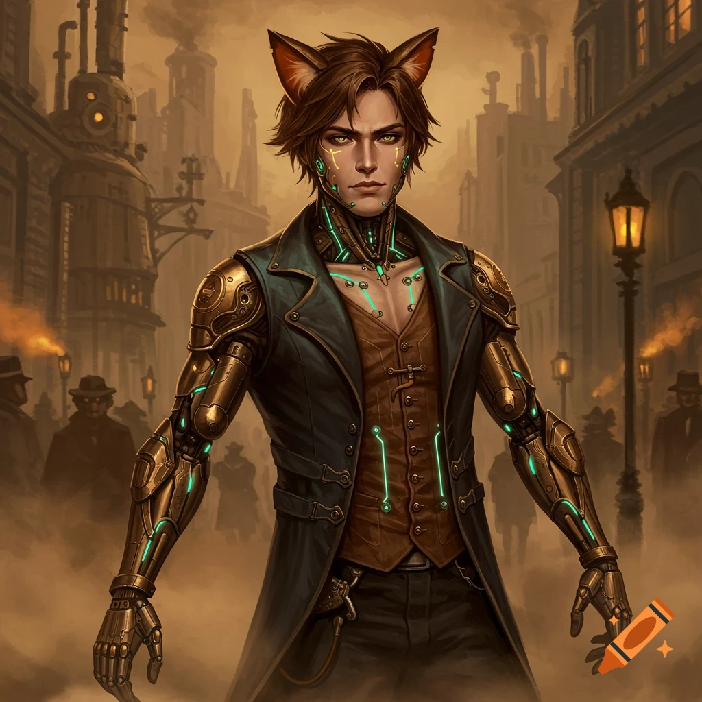 A steampunk-style portrait of a young man with cat ears and glowing cybernetic arms in an old city street.