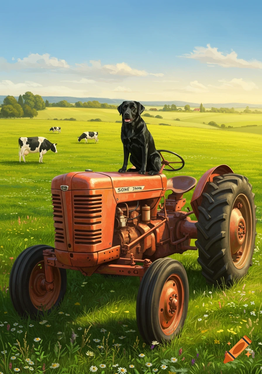 A black Labrador dog sits on an old orange tractor in a green field with cows, rendered in an illustrative style.