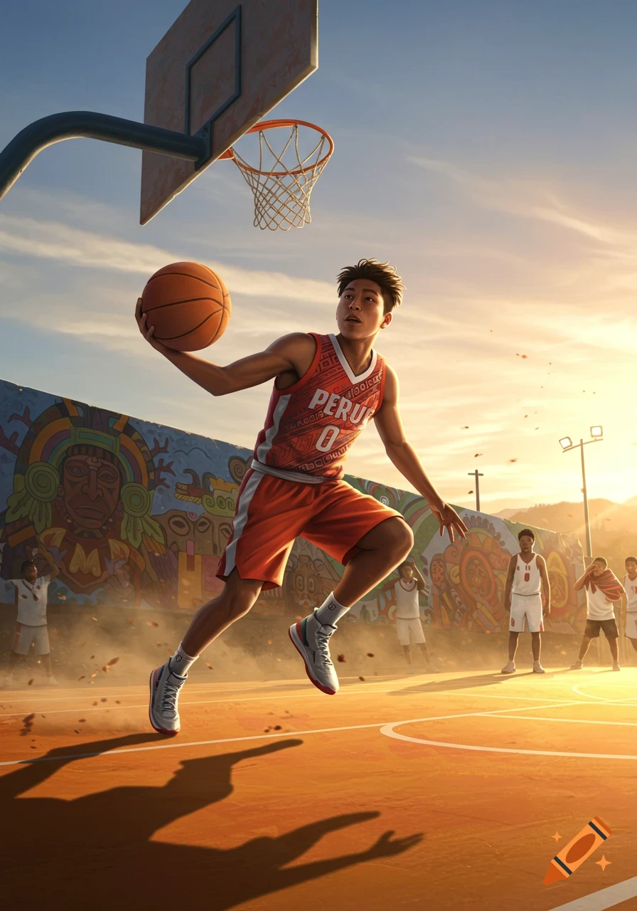 A young basketball player in a red 'PERU' jersey dribbles on an outdoor court at sunset, with a vibrant mural.