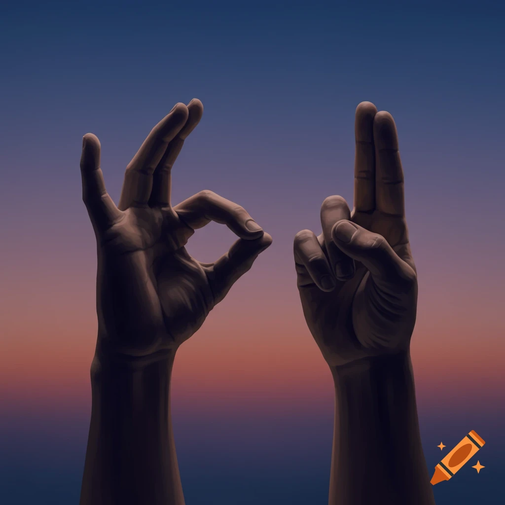 Two hands making gestures against a gradient sunset sky background, one forming an 'OK' sign, the other raising two fingers.