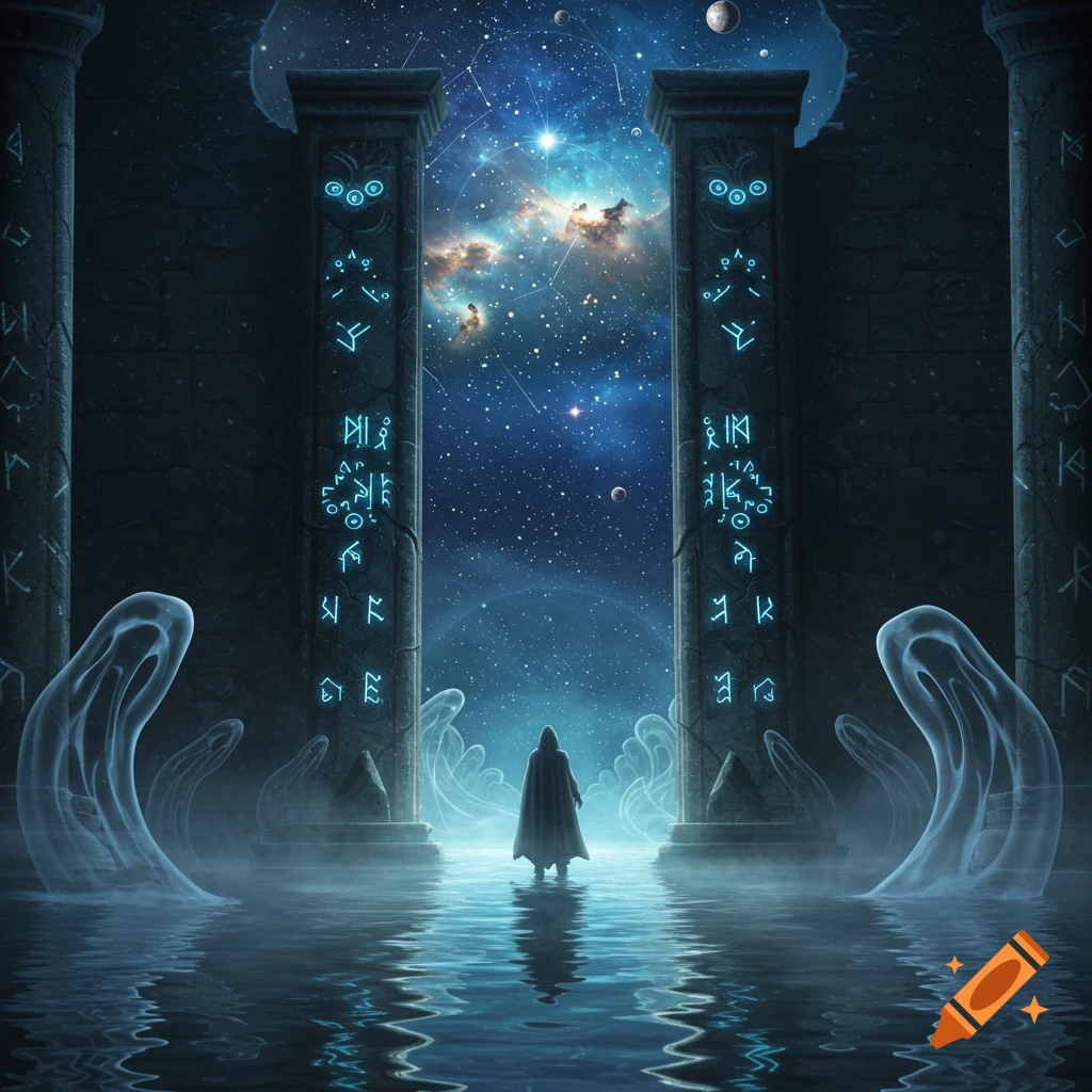 A robed figure stands in shallow water between two large pillars with glowing runes, looking out at a cosmic sky with stars and nebulae.