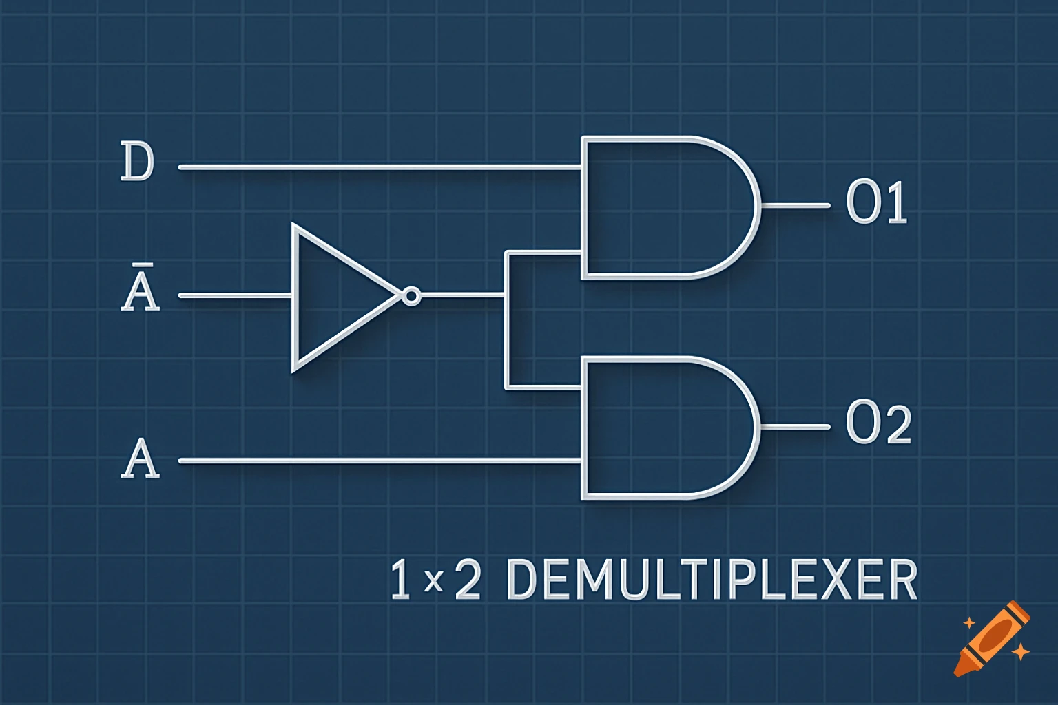 A white line diagram of a 1x2 demultiplexer circuit with inputs D, A, Ā, and outputs O1, O2, on a dark blue grid.