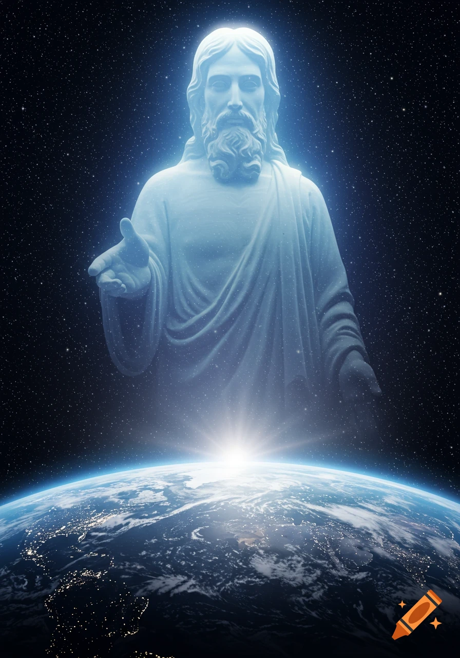 A glowing, ethereal figure resembling Jesus with an outstretched hand, above Earth in space with a sunburst.