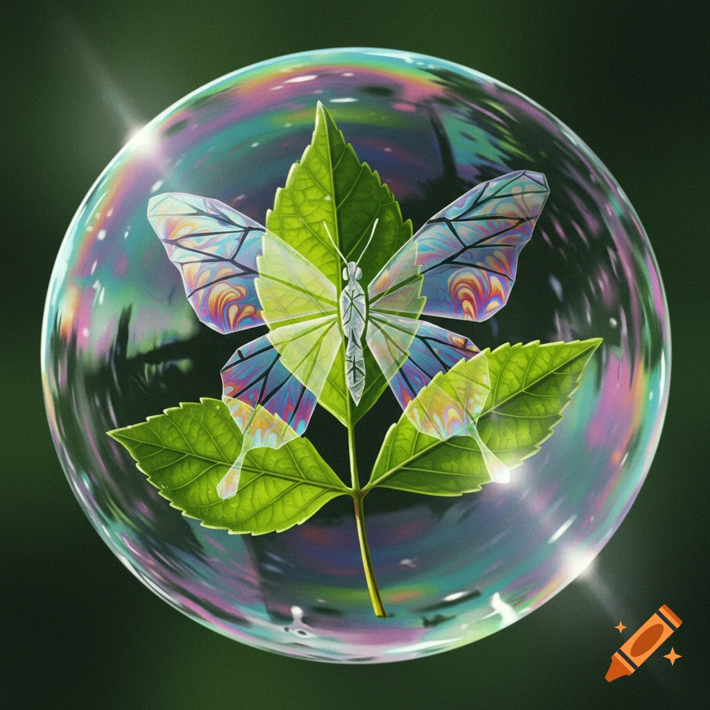 A translucent butterfly with geometric wings on green leaves, all encased within a shimmering soap bubble.