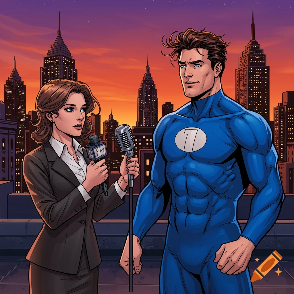 A female reporter in a business suit interviews a muscular male superhero in a blue suit with a '1' on his chest, on a city rooftop at sunset in comic book style.