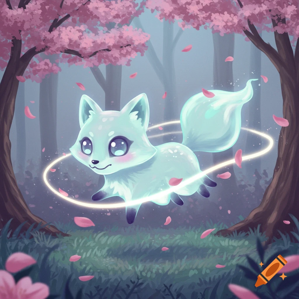 A glowing, light blue, kawaii ghost fox floats in a misty forest surrounded by pink cherry blossom petals and a golden light ring.