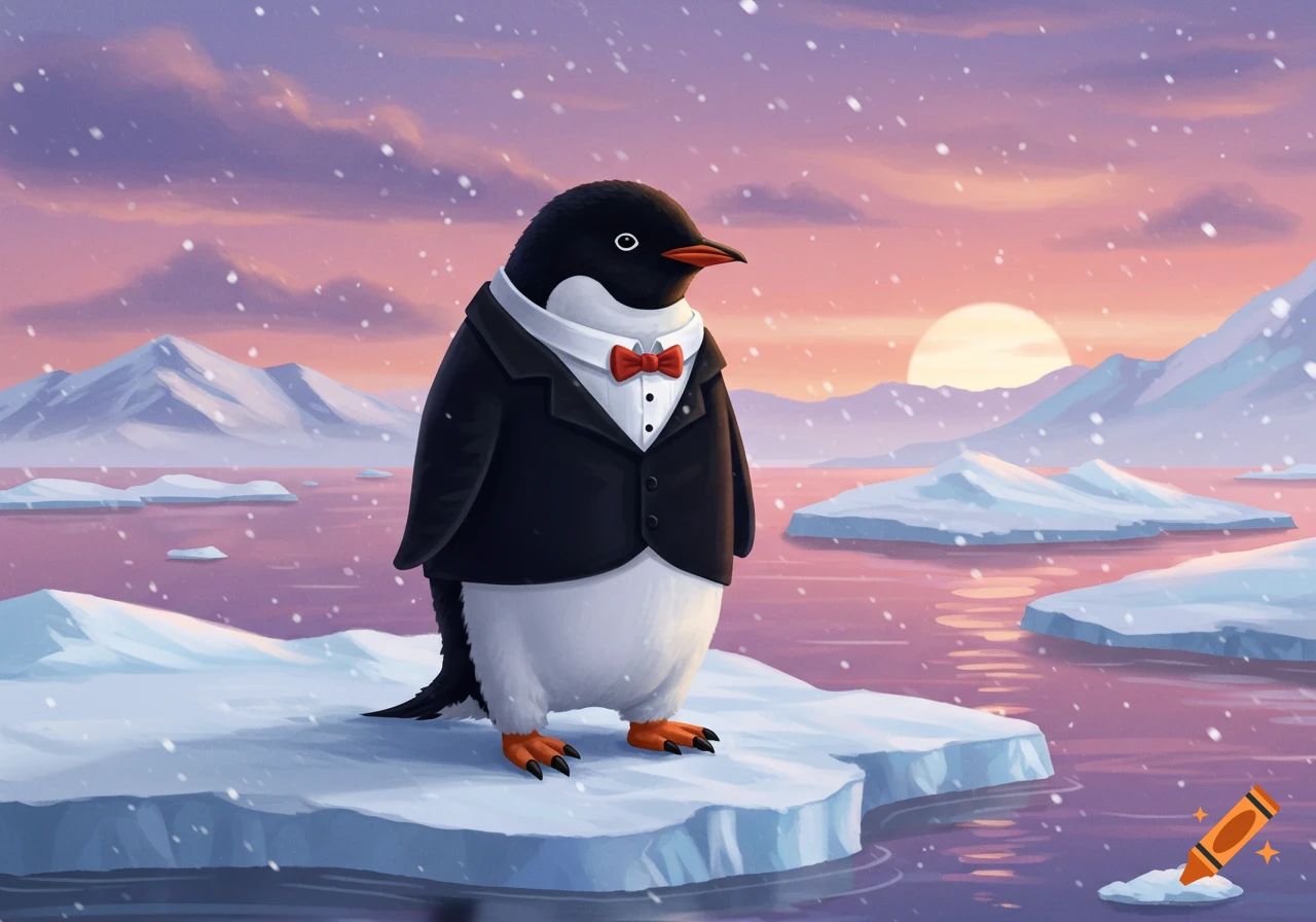 An illustrated penguin in a tuxedo stands on an iceberg, snow falling, against a pink arctic sunset.