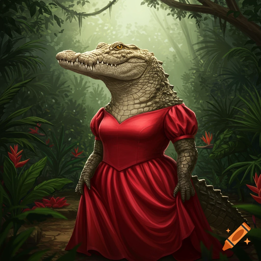 An anthropomorphic crocodile in a flowing red dress stands in a lush, green jungle.