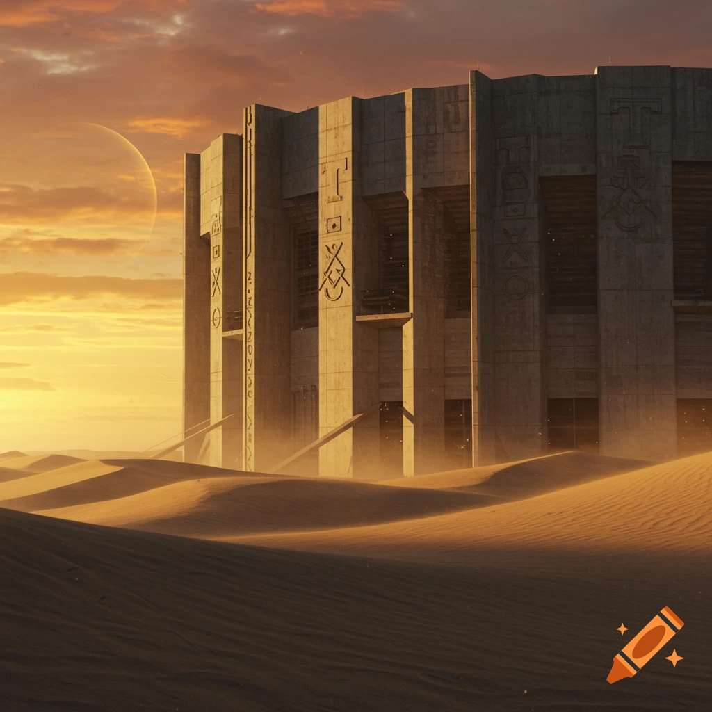 A massive, etched concrete megalith stands in a vast desert under an orange sunset, with a large planet in the sky, in a sci-fi style.