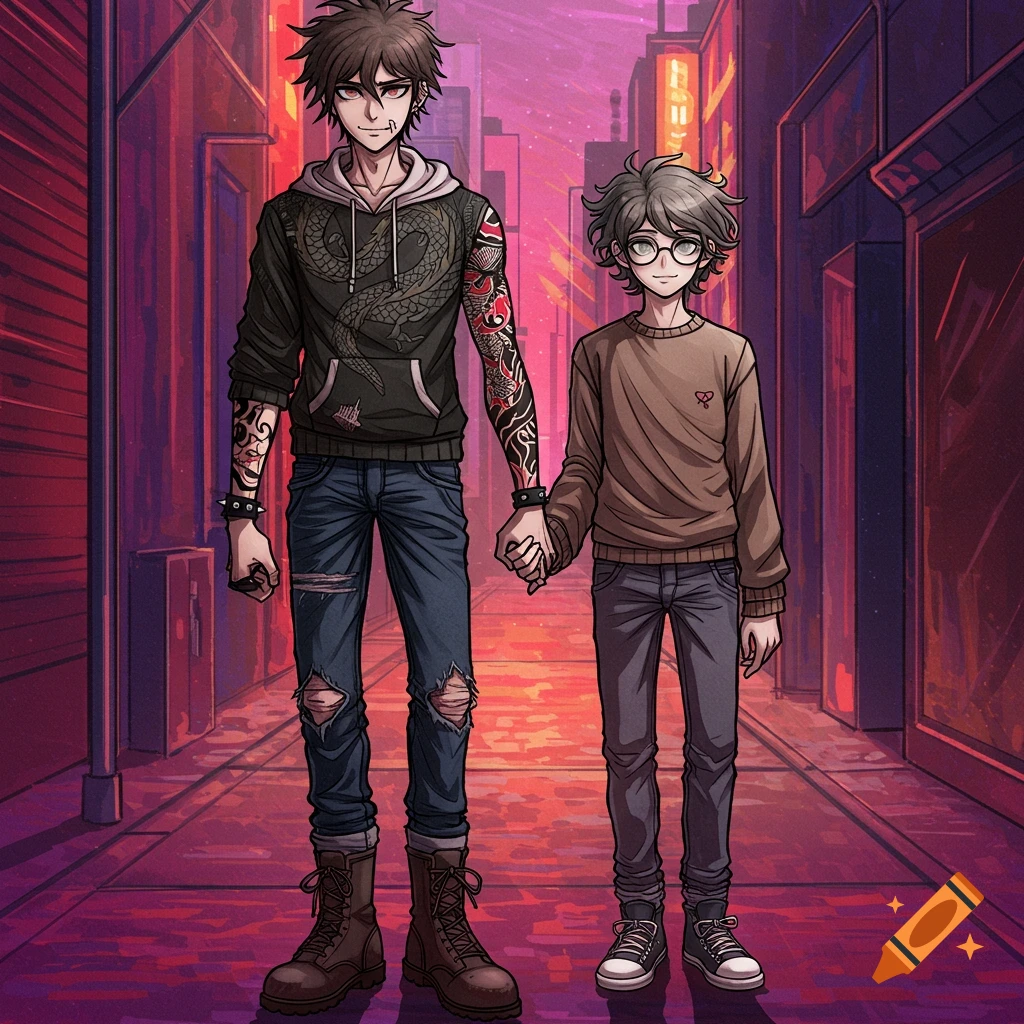 Two anime-style men, one tall with tattoos and a hoodie, one shorter with glasses and a sweater, hold hands on a neon-lit street.