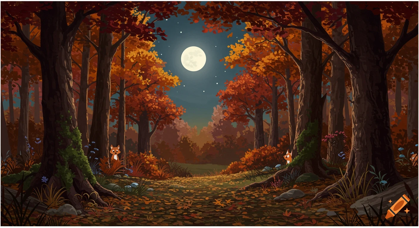 Vintage cartoon style autumn forest at night with a full moon, a path, and two small foxes hiding among the trees.