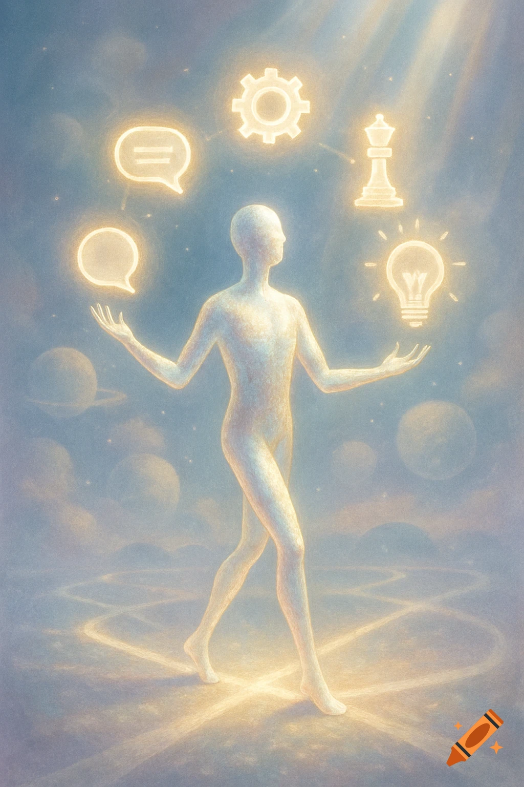 A glowing, ethereal humanoid walks in a cosmic landscape, surrounded by floating symbols: speech bubbles, gear, chess queen, and lightbulb.