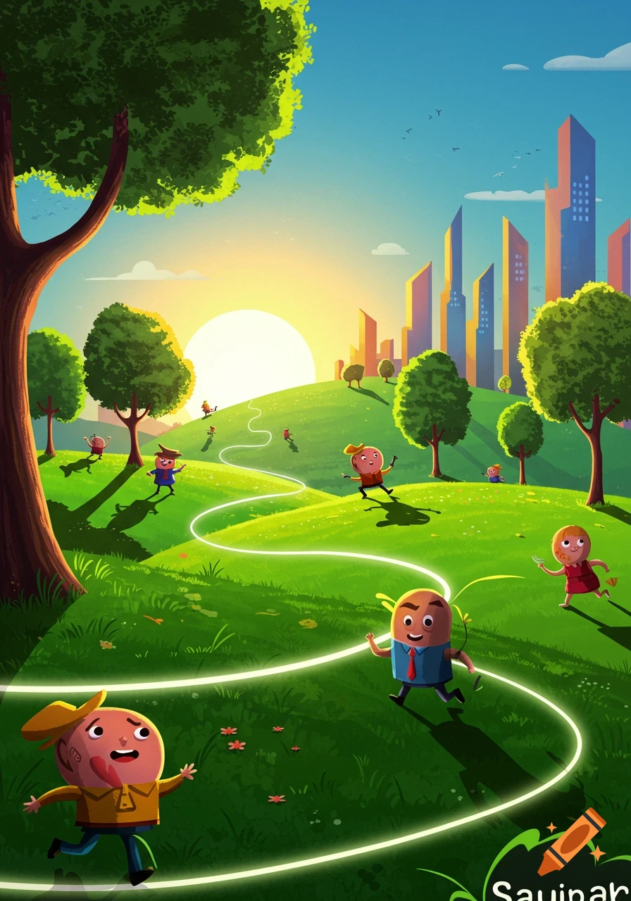 Vibrant cartoon illustration of round-headed characters running on a glowing path through a sunny green park with a city skyline in the background.