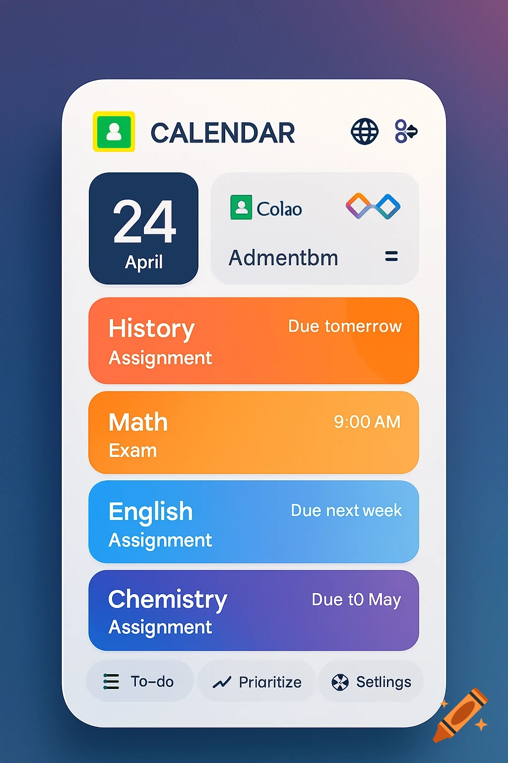 A close-up of a modern calendar app UI on a white rounded rectangle, showing the date "24 April" and a list of assignments in colorful cards.