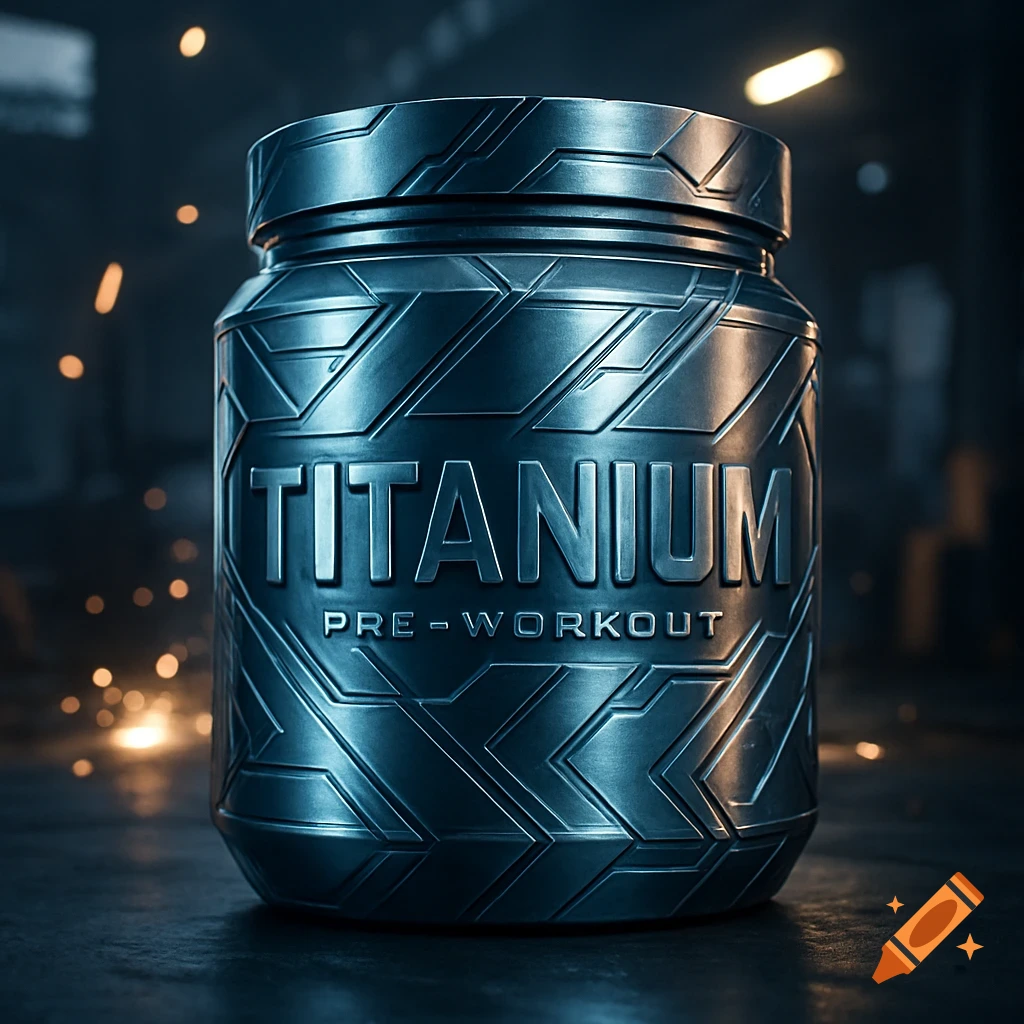 A metallic pre-workout container with 'TITANIUM PRE-WORKOUT' text, in a dark, industrial setting with sparks.
