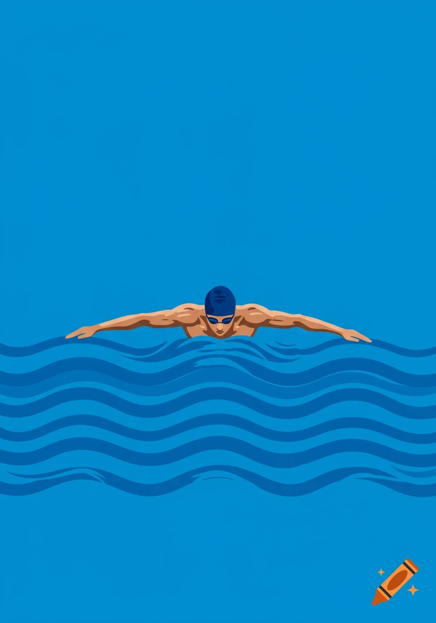 Illustration of a swimmer doing butterfly stroke with arms extended above blue waves against a blue background.