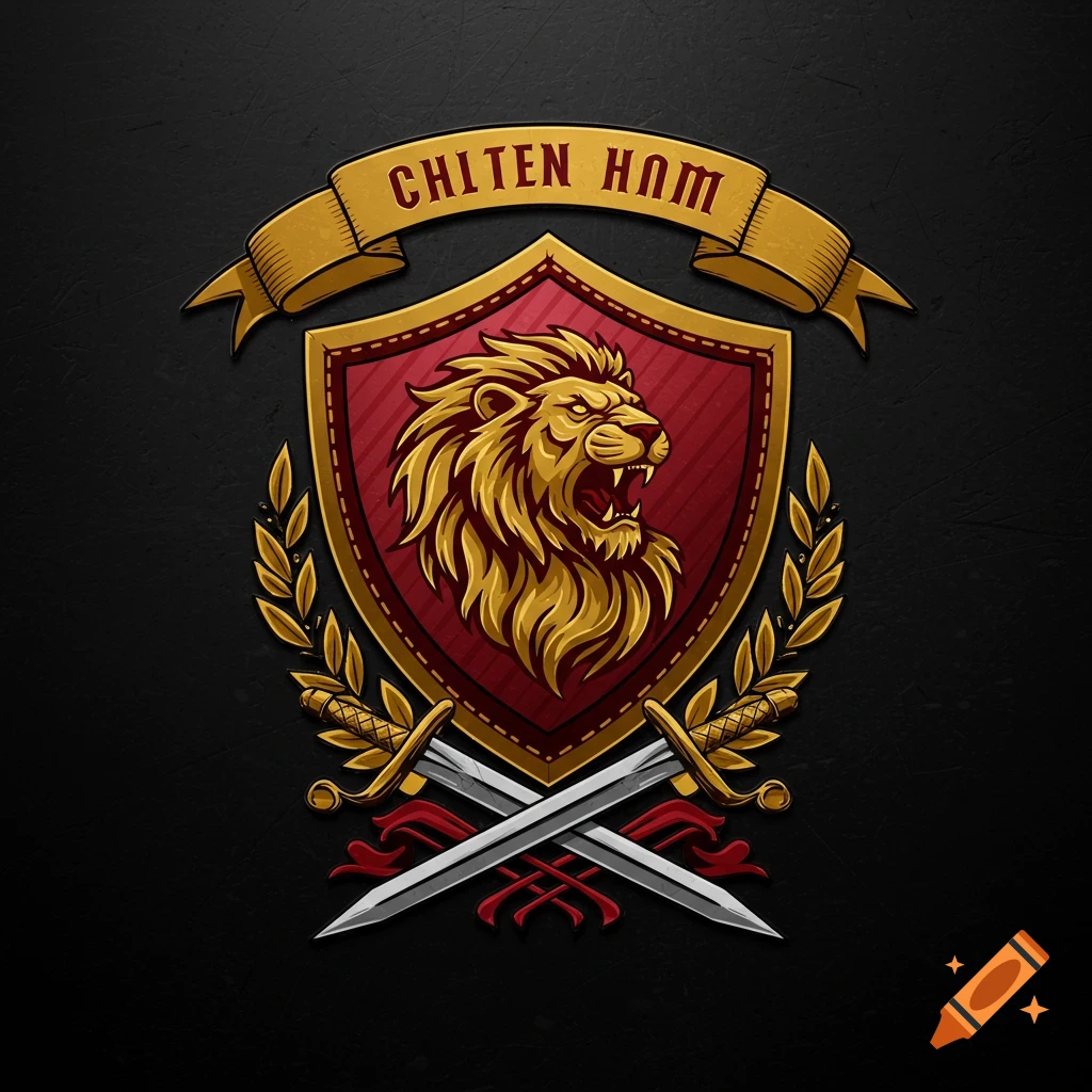 A detailed sports crest with a roaring golden lion on a red shield, olive branches, crossed swords, and a banner reading 'CHITEN HUM'.