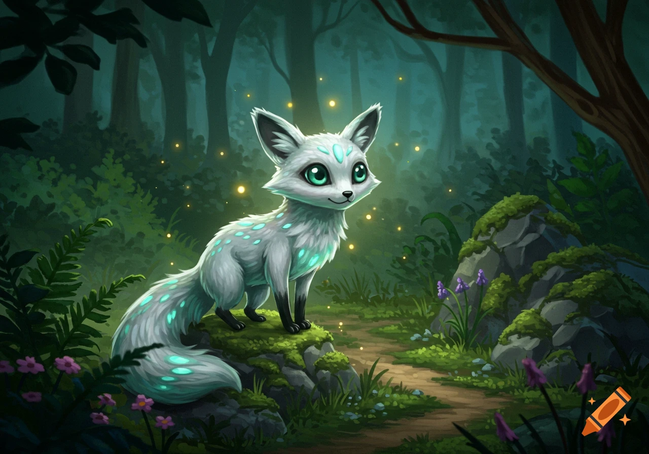 A cute white, glowing fantasy fox-like creature with teal markings and big green eyes sits on moss in a magical forest.