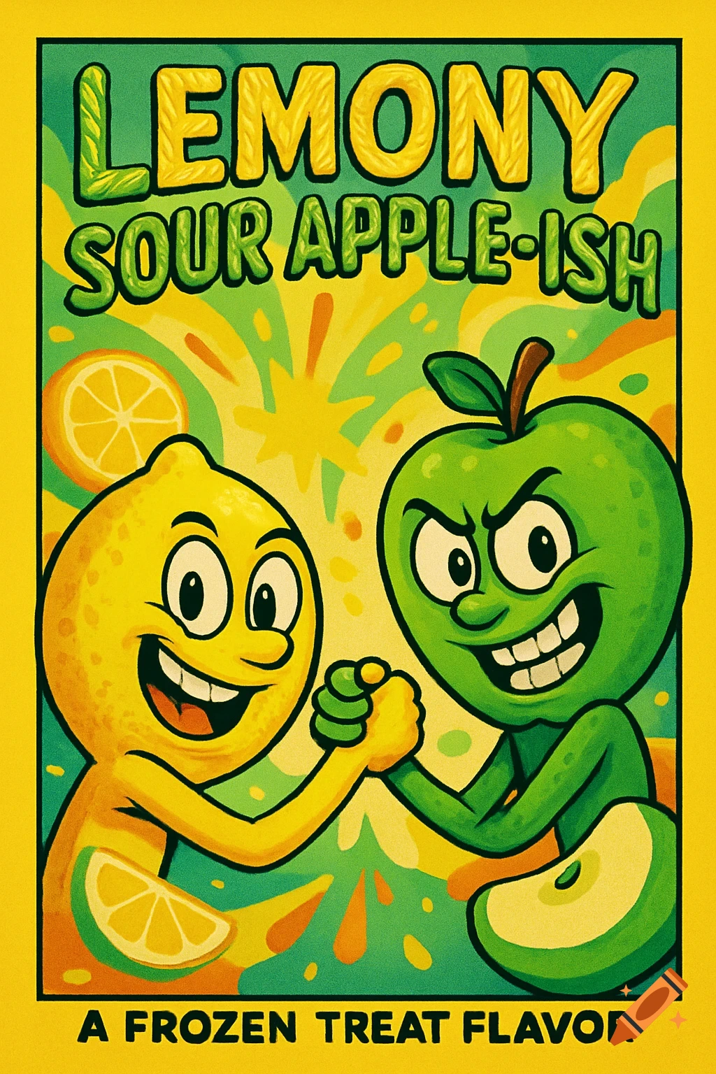 Vibrant cartoon poster for 'Lemony Sour Apple-ish' frozen treat, showing a smiling lemon and mischievous apple in an arm-wrestle handshake.