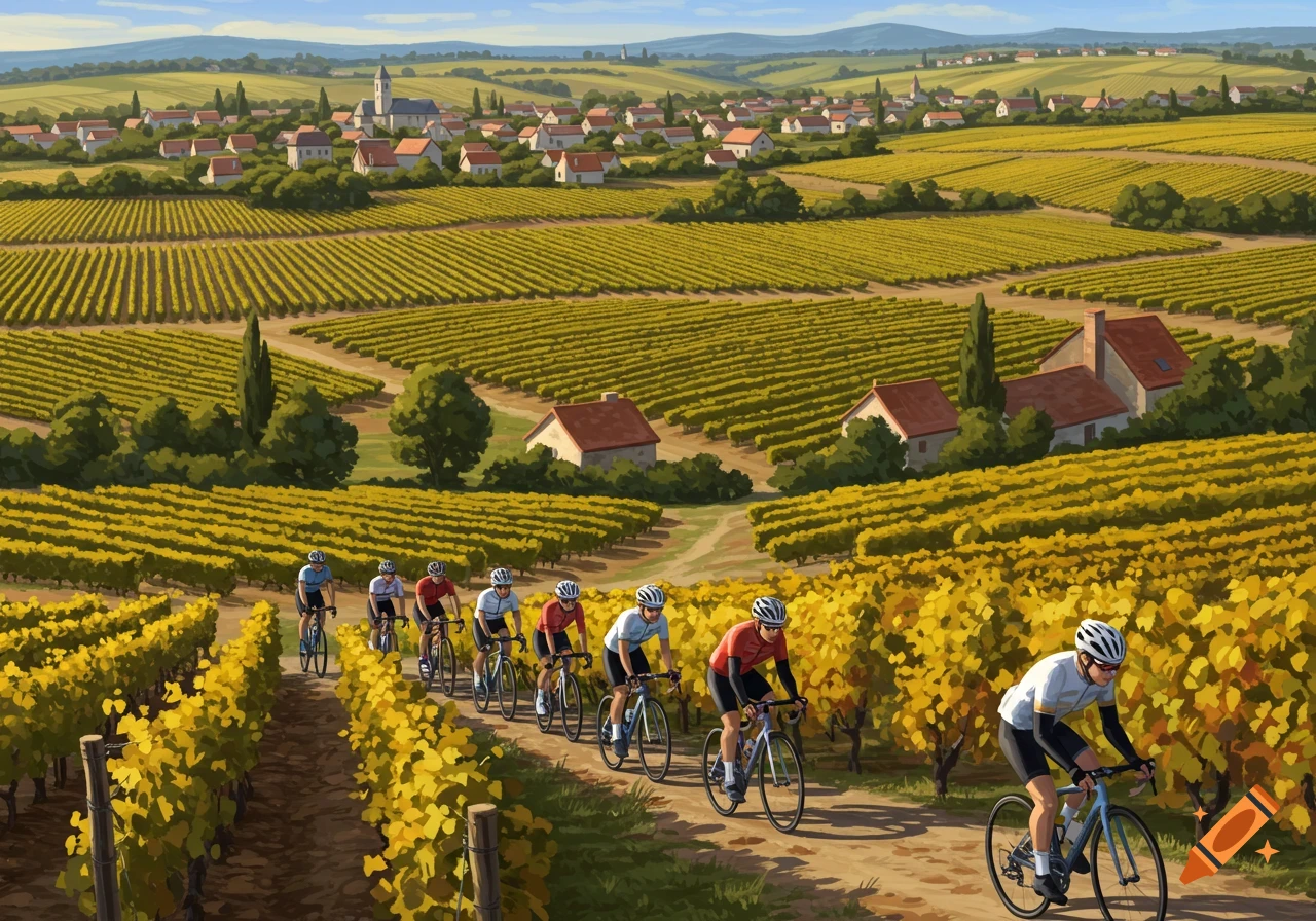 Illustrated scene of cyclists riding through a sunny vineyard with a village in the rolling hills background.
